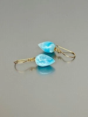 925 SOLID STERLING SILVER BLUE LARIMAR HOOK TEARDROP GOLD FILL EARRINGS - Image 1 of 4