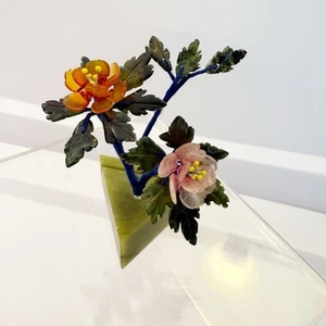 Vintage Miniature Jade Pot 2” Business Card/Picture Holder Stone Jade Flowers - Picture 1 of 13