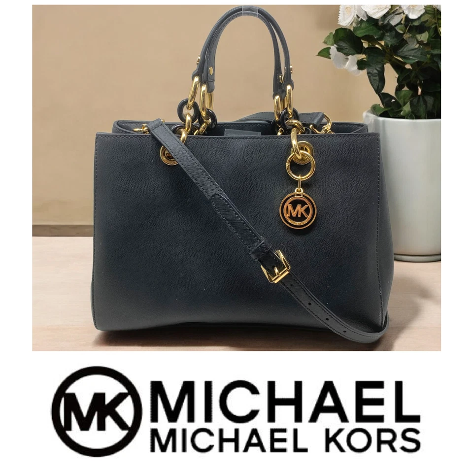 Bolso Cartera Michael Kors Cynthia Cuero Saffiano Negro con Mango de Cadena Foto 1 de 4