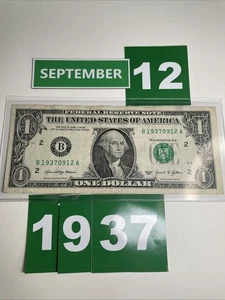 Dollar Birthday Note September 12 1937 $1 Bill Fancy Serial Number Anniversary - Picture 1 of 23