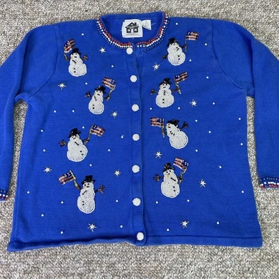 Cárdigan tejido Storybook para mujer 1X azul con cuentas lentejuelas muñeco de nieve vacaciones patrióticas Foto 1 de 4