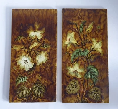 Pair of Arts & Crafts 12" x 6" Tiles Floral Impasto Barbotine C1880 - Image 1 of 4