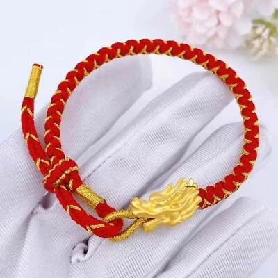 Pure 999 24k Yellow Gold Dragon Head Bead Women Red Cord Woven Braided Bracelet - Image 1 of 4