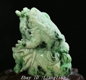12" 100% Hielo Verde Esmeralda Jadeíta Tallado Sapo Vómitos Dinero Ruyi Estatua - Imagen 1 de 16