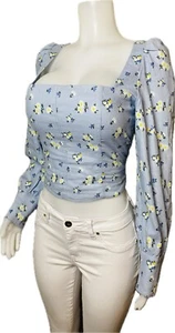 Blusa corta F. Rachel Zoe de lino M multicolor manga larga cuello cuadrado nueva con etiquetas - Imagen 1 de 9