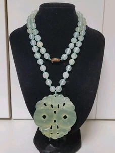Vintage 68cm Chinese Export Mutton Fat ? Jade Bead Necklace Bat Coin Pendant 87g - Picture 1 of 23
