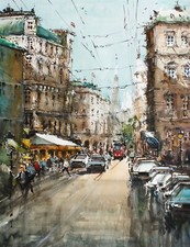 CITYSCAPE LANDSCAPE PAINTING WATERCOLOR ORIGINAL VIENNA STREET SCENE  22x17 in