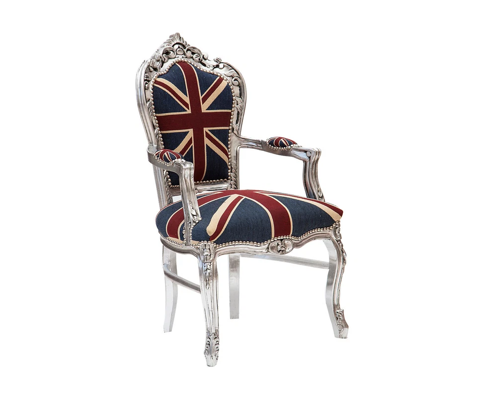 POLTRONA SEDIA CON BRACCIOLI IN LEGNO FOGLIA ARGENTO CON STOFFA LONDON/JEANS - Immagine 1 di 1