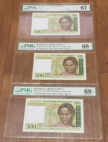 LOT OF 3 SEQUENTIAL PMG 68 & 67 1994 Madagascar Banky Foiben'i Pk 75b 500 Francs Cover