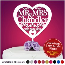 Heart Personalised Wedding Cake Topper Table Decoration Mr Mrs Bride and Groom