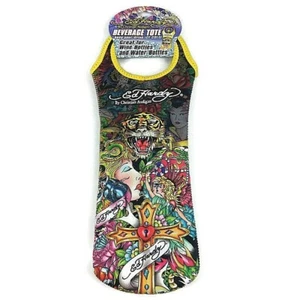 ED HARDY Beverage Tote Wine Water Bottle Cooler Neoprene Koozie Cross Yellow - Picture 1 of 5