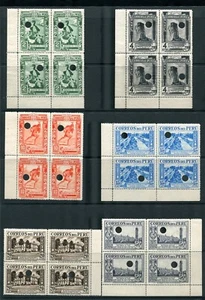 PERÚ 1937 WATERLOW MUESTRAS BLOQUES DE CUATRO ACEITE CORMORÁN INCA LIMA SANTA P.O. - Imagen 1 de 4