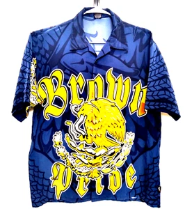 ibeu "BROWN PRIDE" Blue, Front Button, Short sleeve Highly Decorated SZ L - Picture 1 of 6