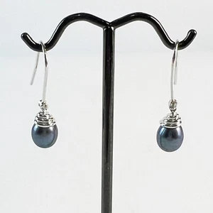 10K White Gold Black Teardrop Pearl Drop Dangle Earrings Fish Hook - Picture 1 of 4