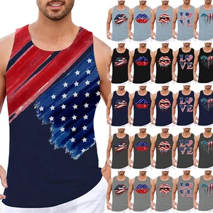 Men's Vest Top Independence Day Flag Printed Casual Shirt Sleeveless Tank Tee - Picture 1 of 141