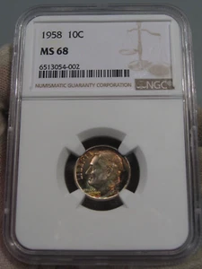 Rainbow Toned Gem BU 1958 Silver Roosevelt Dime NGC MS68. #12 - Picture 1 of 10