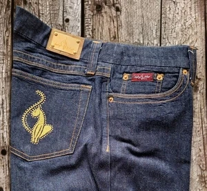 Baby Phat Women's Dark Wash Low Rise Bootcut Jeans Size 13 Blue Y2K Heavy Starch - Picture 1 of 17