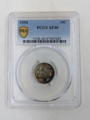 1954 Toned Silver Roosevelt Dime with True View XF40 PCGS Graded - Image 1 of 4