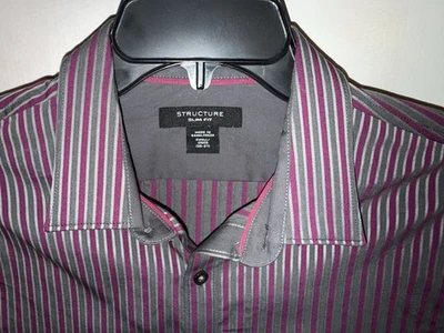 Camisa Structure Para Hombre Pequeña Calce Ajustado L/S Abotonada Gris Fucsia Rayas NUEVA Foto 1 de 4