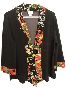Soft Surroundings Cardigan Top Contrast Color Trim Big Button Women M Boho Black - Picture 1 of 10