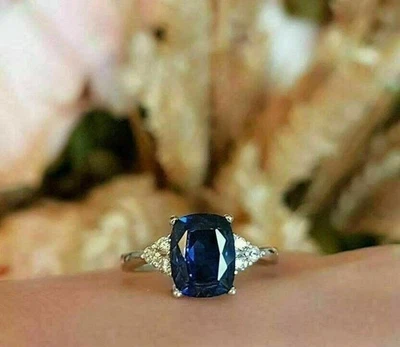 3.60Ct Cushion Natural Sapphire & Diamond Solid 14k White Gold Best Wedding Ring - Image 1 of 4