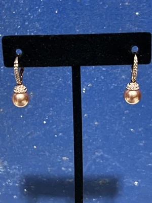 Pre-owned Rose Gold-tone Faux Pearl Drop Earrings w/ CZ Stones on Leverback - Image 1 of 4