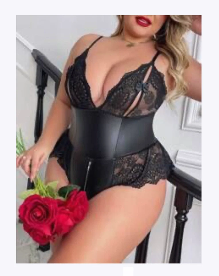 Plus Size Perspective Lace Decor Deep V-Neck Open Back Sexy Faux Leather Bodysui - Image 1 of 1