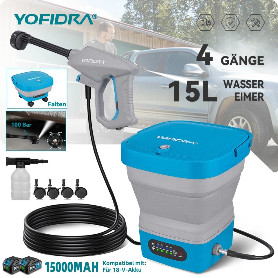 YOFIDRA Für Makita 18V Akku Hochdruckreiniger 100Bar Druckreiniger Rollen Faltbare Eimer