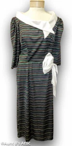30's-40's Style Retired Rental Costume Dress Black Multi Stripe White Collar Med - Picture 1 of 2