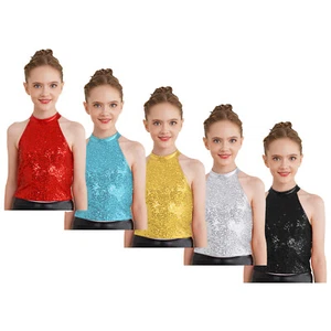 Kids Girls Sequin Halter Crop Top Sleeveless Tops Cheerleading Jazz Dance Gym - Picture 1 of 52