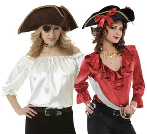 LADIES PIRATE BLOUSE RED IVORY BUCCANEER COSTUME WOMENS CARIBBEAN FANCY DRESS - Picture 1 of 7