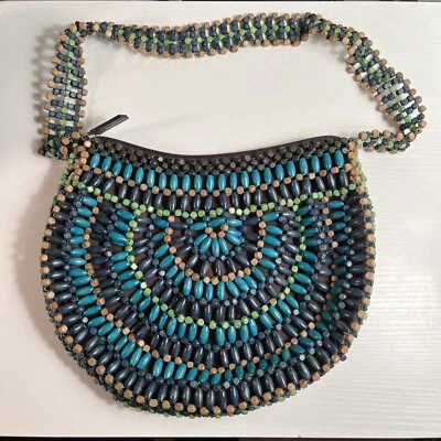 Vintage ADC Wood Beaded Shoulder Purse,  Wood Bead Boho Bag, Summer Tote Bag - Image 1 of 4