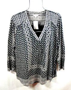 Lucky Brand Women's Blouse L Floral Bohemian V-Neck Black White Top Shirt NWT - Picture 1 of 7