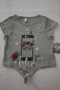 NEW Girls T-Shirt Large 10 - 12 Gray Short Sleeve Top Snap Ya Later Front Tie - Picture 1 of 2