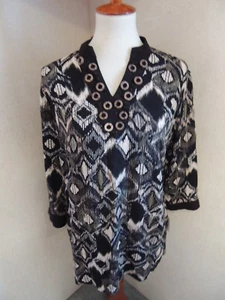 NEW Sag Harbor Women's Black White Top Blouse Shirt Small 3/4 Sleeve Beads  - Picture 1 of 6