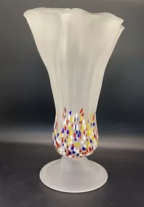 "Vaso vintage coriandoli e vetro raso bianco arte vetro con bordo sciarpa arricciata 10"" - Foto 1 di 7