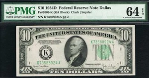 DALLAS NOTE. $10 1934D Dallas FRN. Fr. 2009-K. PMG 64 EPQ - Picture 1 of 4