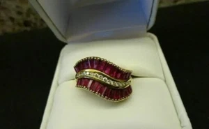3Ct Baguette Cut Lab Created Ruby Cluster Engagement Ring 14K Gold Plated Silver - Picture 1 of 6