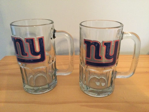 Two New York Giants NFL Clear Glass Beer/Beverage Tankard Mug 16 Oz Cover