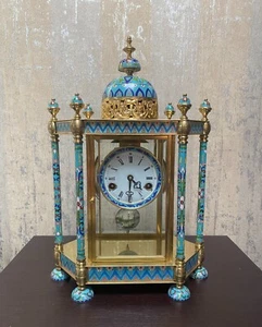 Reloj Cloisonne Chino Vintage y Latón Manto 18.5" Funciona Llave Original - Imagen 1 de 10