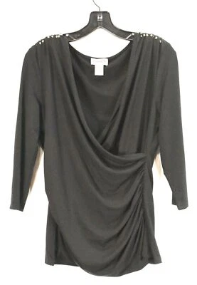 Carmen Marc Valvo Women Black Beaded 3/4 Sleeve Surplice Neck Stretch Wrap Top L Foto 1 de 4