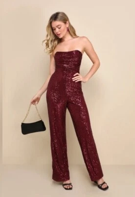 Mono Lulu's Nuevo con Etiquetas Lentejuelas Rojo Vino Sin Tirantes Pierna Ancha - Talla Grande Foto 1 de 4