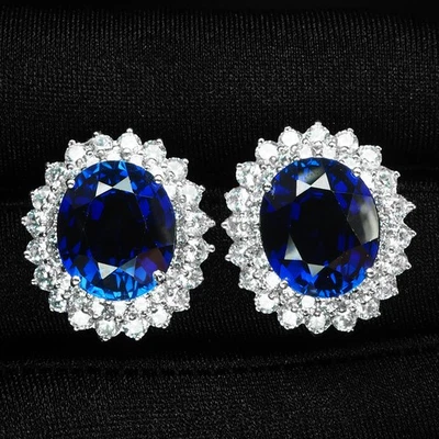 Precious Royal Blue Sapphire 15.60Ct 925 Sterling Silver Handmade Halo Earrings - Image 1 of 4