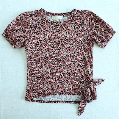 Michael Kors Shirt Women M Red Floral Tie Waist Tee Cottagecore Kawaii Cute Twee - Image 1 of 4