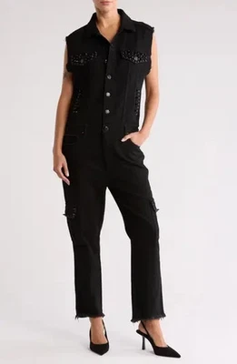 Traje de caldera Rebecca Minkoff negro sin mangas borde crudo abotonado Brooklyn M-NUEVO CON ETIQUETAS Foto 1 de 4