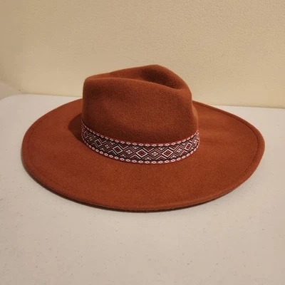 Пыльно-оранжевая 100% шерстяная широкополая ковбойская шляпа федора ранчо ацтекская богемная лента средний размер - Изображение 1 из 4