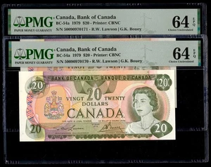Canadá 🇨🇦 1979 - Dos consecutivos $20 BC-54a - Elección PMG UNC 64 EPQ - Imagen 1 de 2