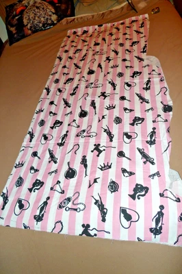 VTG Barbie Pink and White Stripe Flannel Fabric with Black Images - Image 1 of 4