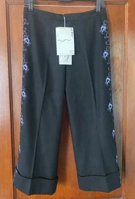 VTG NWT Betsy Johnson Wool Floral Embroidered Wide Crop Pant Black Purple NEW 4 - Image 1 of 4