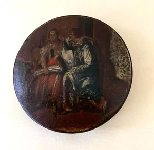 Antique English Papier Mache Patch/Snuff Box 1800's Hand Painted Genre Scene - Picture 1 of 6